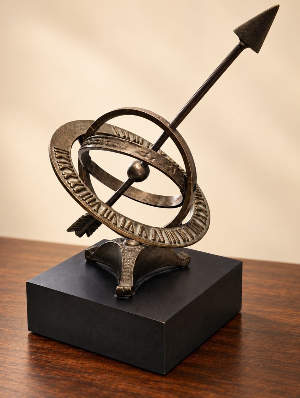 Pier 1 Armillary Sphere Sculpture Roman Numeral Arrow Bronze Tone Black Base
